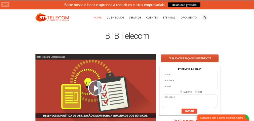 Captura página inicial BTB Telecom