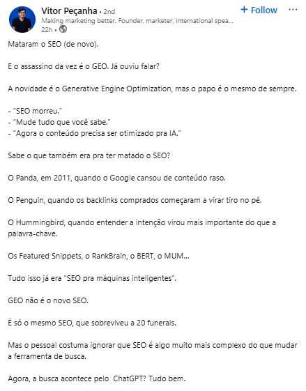 Captura de tela de uma postagem no LinkedIn