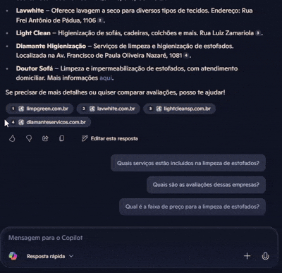 Resultados de pesquisa de IA no Bing Copilot
