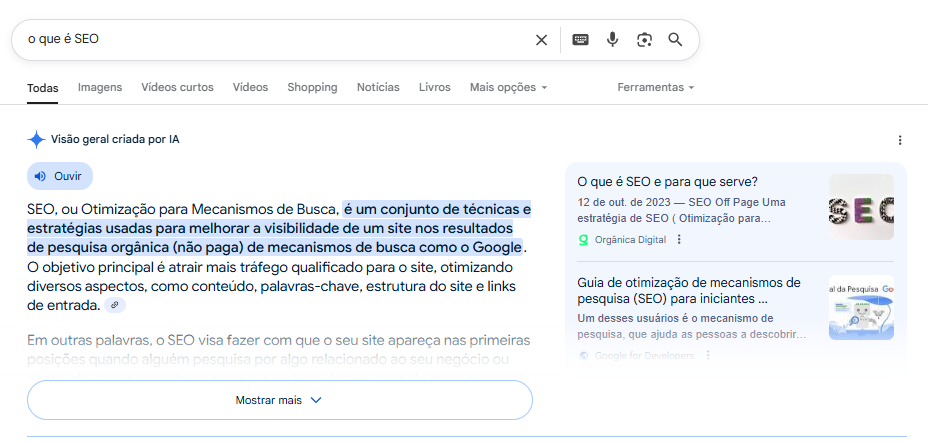 Captura de tela da SGE do Google