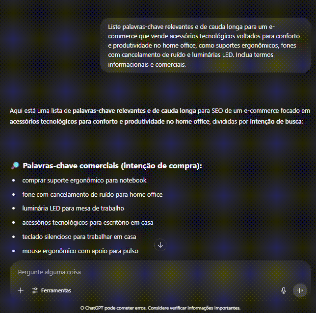 Gravação de tela de uma pesquisa de palavras-chave usando o ChatGPT