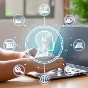 Homem cruando imagens no computador com inteligencia artificial