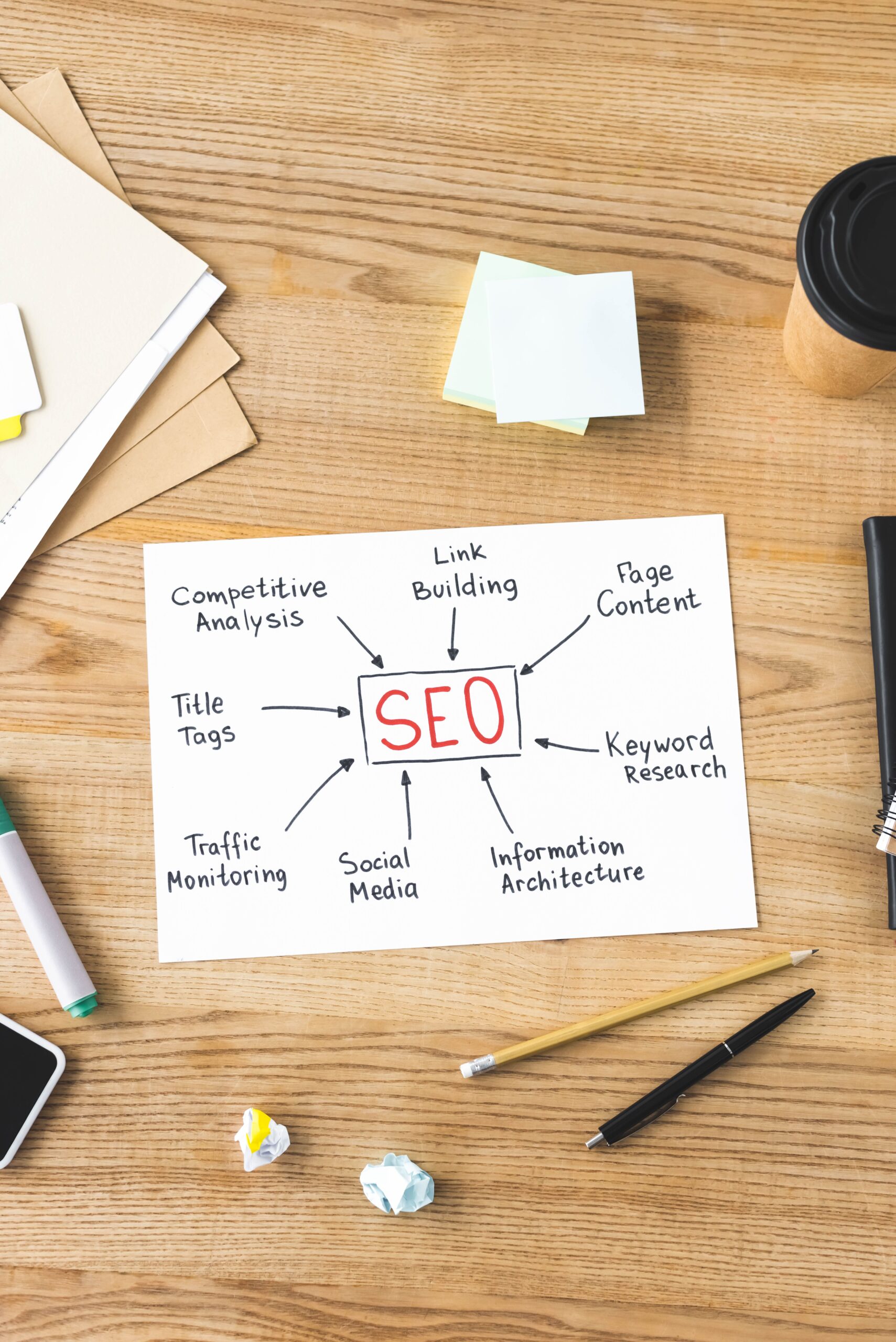 Folha de papel com áres do SEO escritas