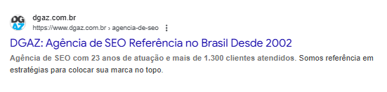captura de tema da página "Agência de SEO" da DGAZ na SERP do Google
