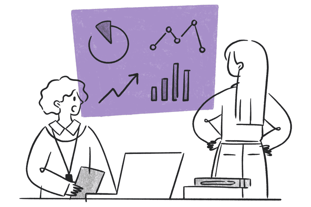 Ilustração de pessoas analisando dadoa em um gráfico