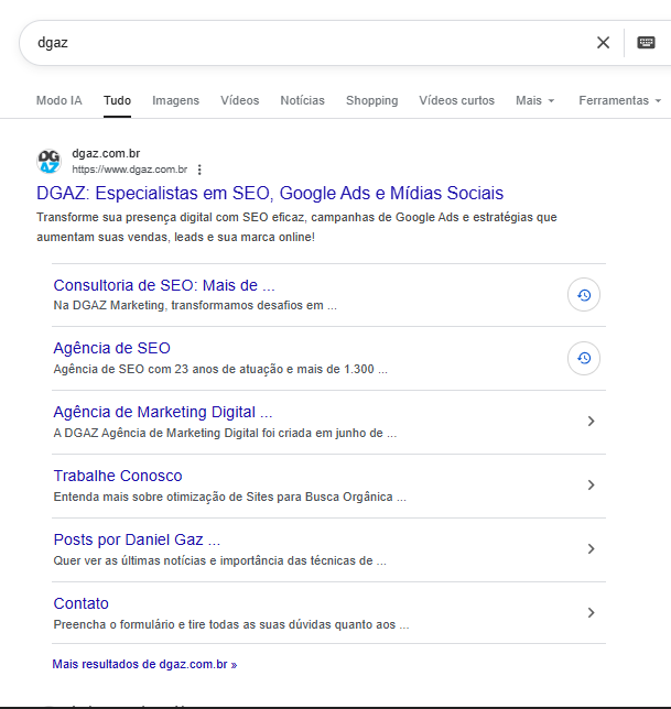 Captura de tela do site da DGAZ indexado no Google
