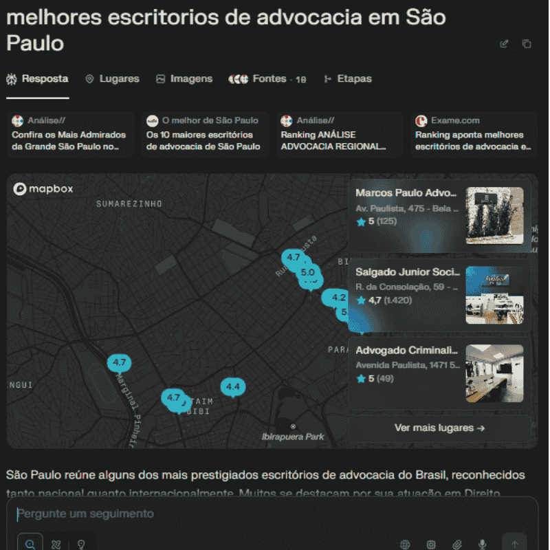 Exemplo de rich result no Perplexity