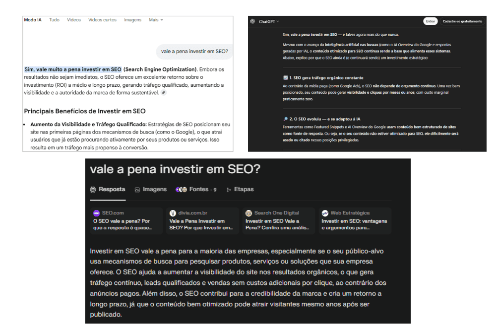 Respostas do ChatGPT, Perplexity e AI Mode para amesma consulta
