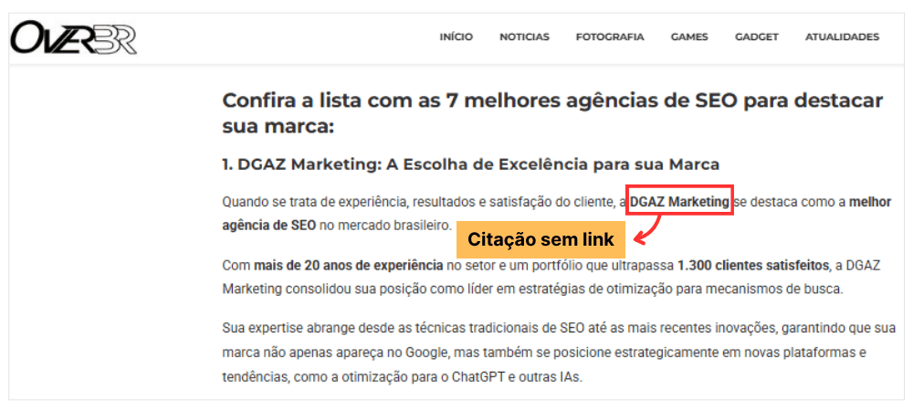 Exemplo de menção sem link