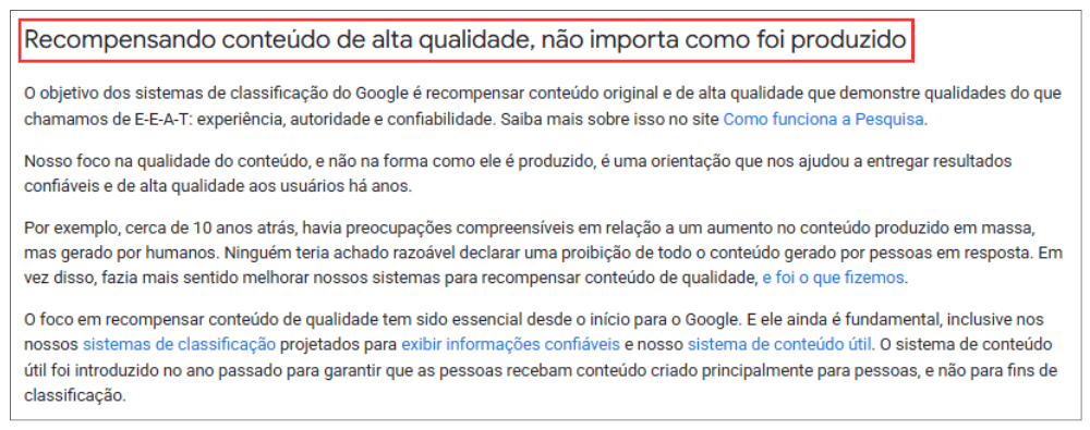 Print de trecho do Google falando sobre conteúdo gerado por IA