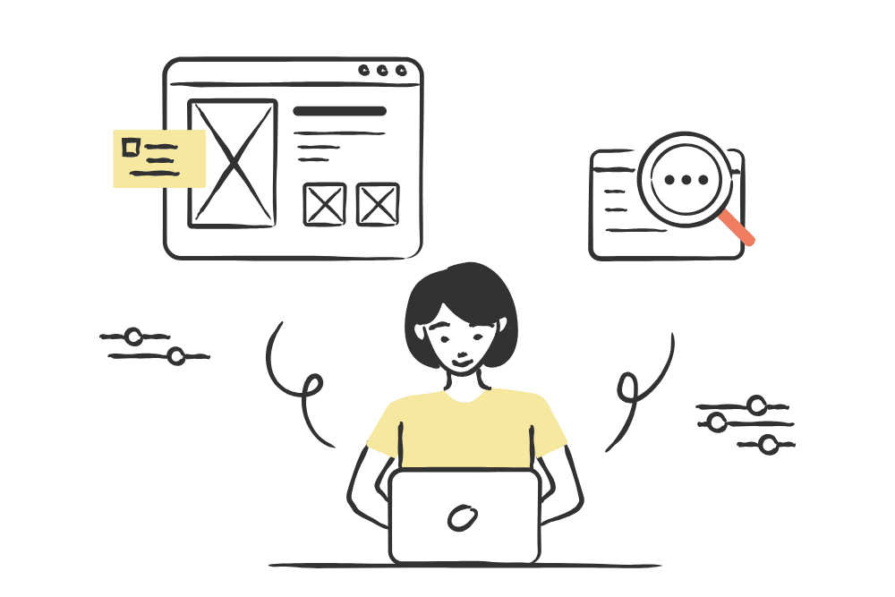 Ilustração de pessoa criando conteúdo de qualidade no computador