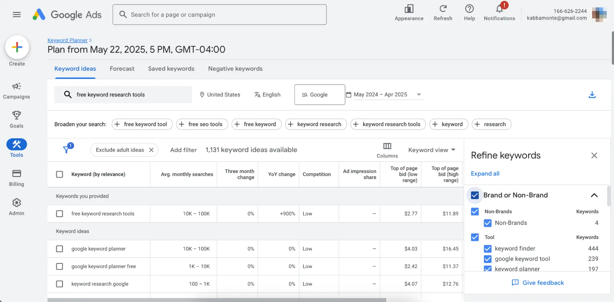 Captura de tela do Google Keyword Planner 