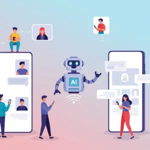 Ícone de pessoas mexendo no celular em volta de uma ilustração de robô