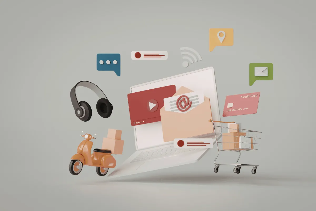 Ícones de compras online, marketing e mídias digitais.