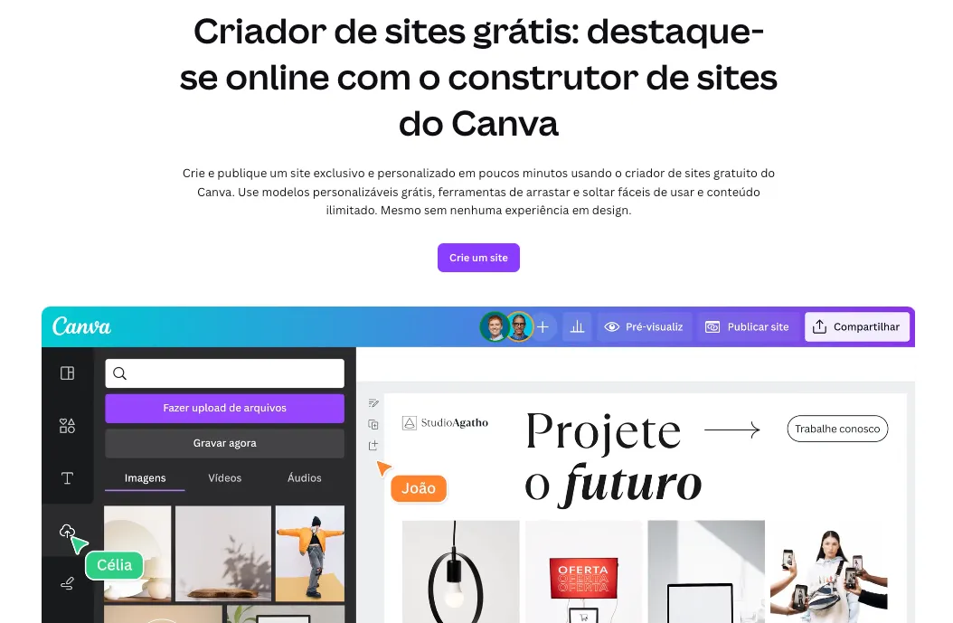 Página inicial do Criador de Sites do Canva