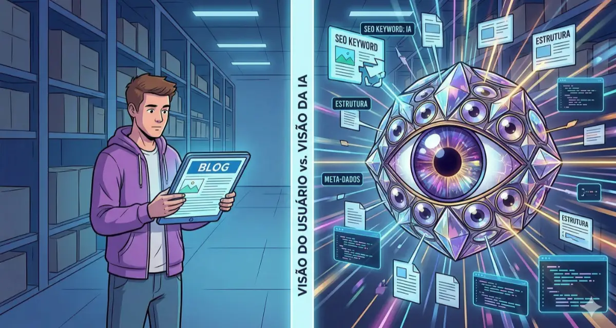 Ilustração de usuário e IAS enxergando o conteúdo